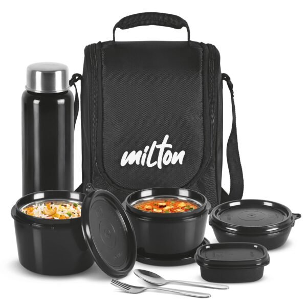 MILTON Pro Lunch Box with Steel Cutlery, 3 Microwave Safe Inner Steel Containers (180ml, 320ml, 450ml) Plastic Chutney Dabba 100ml, Steel Bottle 750ml with Insulated Bag, Office Tiffin, Black