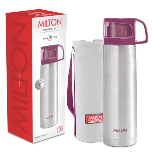 Milton Glassy 1000 Thermosteel 24 Hours Hot and Cold Water Bottle with Drinking Cup Lid, 1 Litre, Pink | Leak Proof | Office | Gym | Home | Kitchen | Hiking | Trekking | Travel