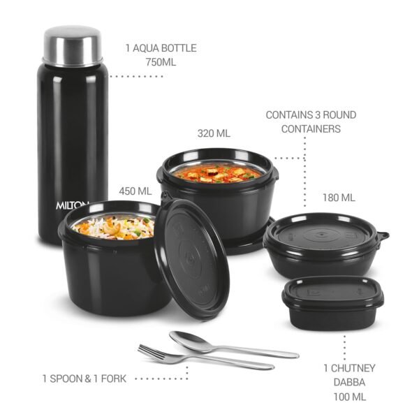 MILTON Pro Lunch Box with Steel Cutlery, 3 Microwave Safe Inner Steel Containers (180ml, 320ml, 450ml) Plastic Chutney Dabba 100ml, Steel Bottle 750ml with Insulated Bag, Office Tiffin, Black - Image 3