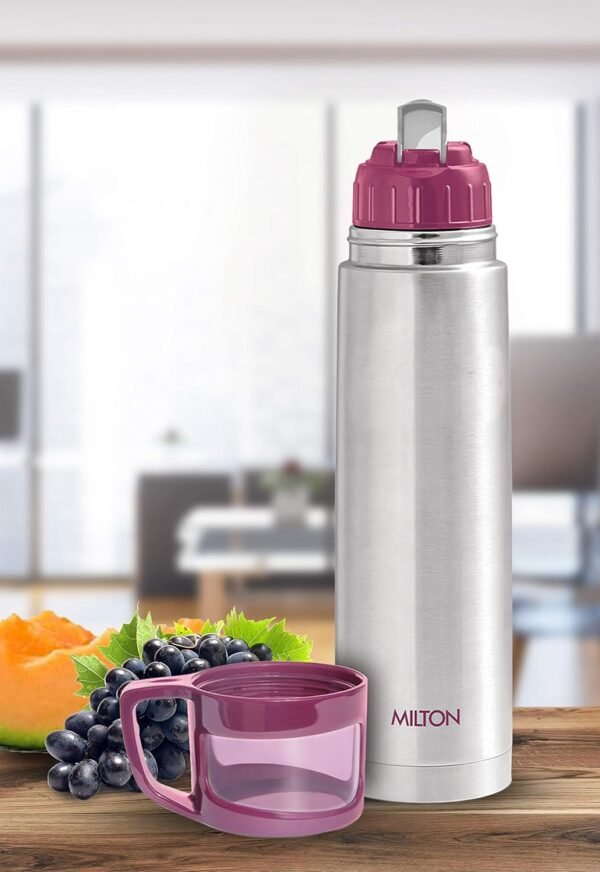 Milton Glassy 1000 Thermosteel 24 Hours Hot and Cold Water Bottle with Drinking Cup Lid, 1 Litre, Pink | Leak Proof | Office | Gym | Home | Kitchen | Hiking | Trekking | Travel - Image 3