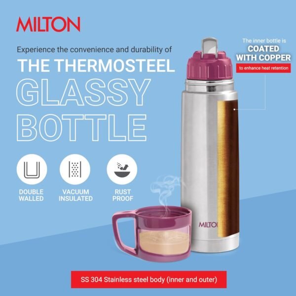 Milton Glassy 1000 Thermosteel 24 Hours Hot and Cold Water Bottle with Drinking Cup Lid, 1 Litre, Pink | Leak Proof | Office | Gym | Home | Kitchen | Hiking | Trekking | Travel - Image 4