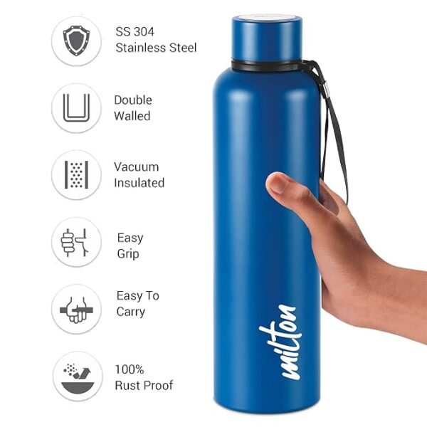 MILTON Aura 1000 Thermosteel Bottle, 1050 ml Water Bottles, 24 Hours Hot and Cold, Easy to Carry, Easy Grip, Rust Proof, Tea, Coffee, Office, Travel Bottle, Dark Blue - Image 4