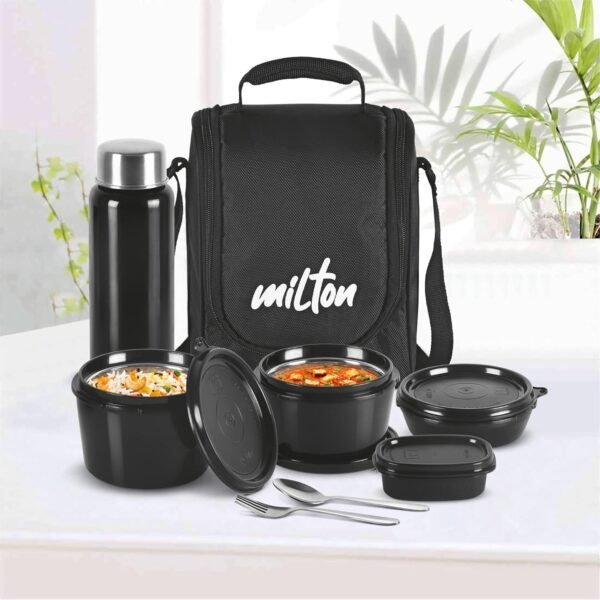 MILTON Pro Lunch Box with Steel Cutlery, 3 Microwave Safe Inner Steel Containers (180ml, 320ml, 450ml) Plastic Chutney Dabba 100ml, Steel Bottle 750ml with Insulated Bag, Office Tiffin, Black - Image 6