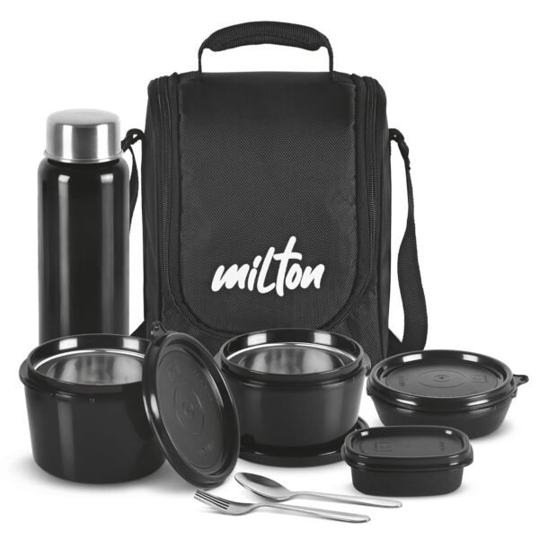 MILTON Pro Lunch Box with Steel Cutlery, 3 Microwave Safe Inner Steel Containers (180ml, 320ml, 450ml) Plastic Chutney Dabba 100ml, Steel Bottle 750ml with Insulated Bag, Office Tiffin, Black - Image 8