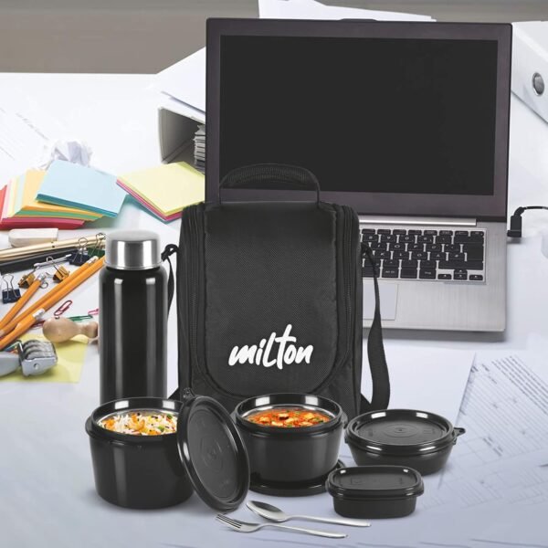 MILTON Pro Lunch Box with Steel Cutlery, 3 Microwave Safe Inner Steel Containers (180ml, 320ml, 450ml) Plastic Chutney Dabba 100ml, Steel Bottle 750ml with Insulated Bag, Office Tiffin, Black - Image 9